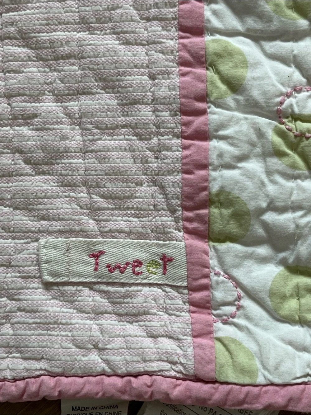 Pottery Barn Kids Tweet Bird Baby Quilt Pink Green 33" x 48" - Picture 9 of 12